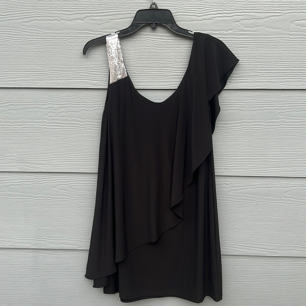 Sophia Christina mini black dress with silver shoulder strap